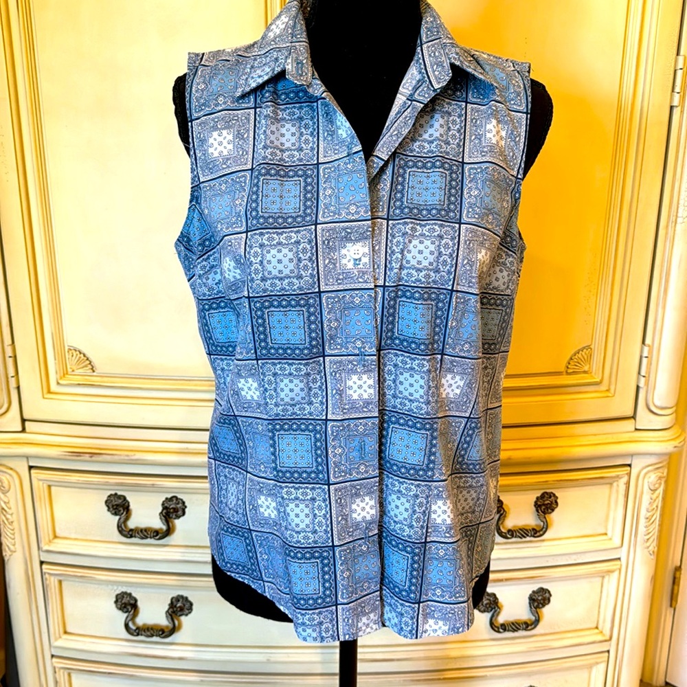 Talbots sleeveless blue and white shirt